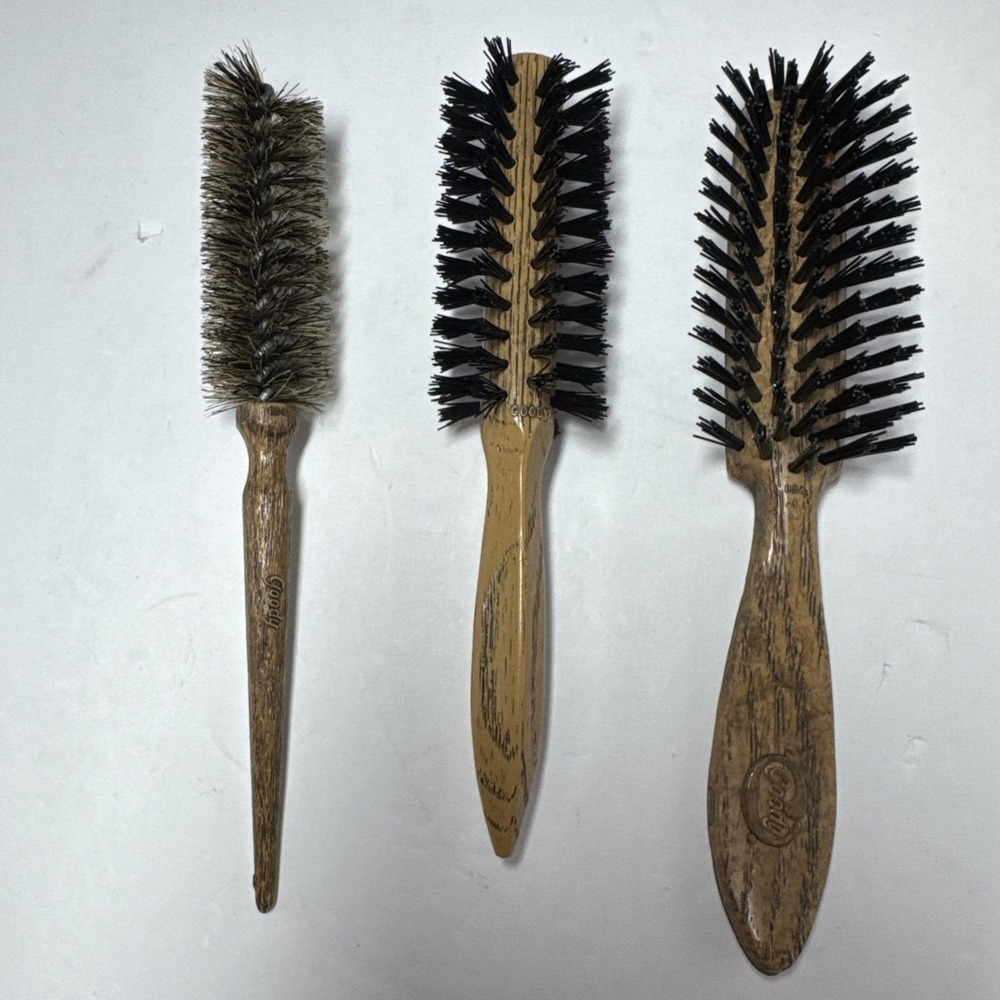 VTG Goody Lot 3 Wood Grain Hair Brushes Nylon &‎ Boar Bristle 2 Round 1 Flat